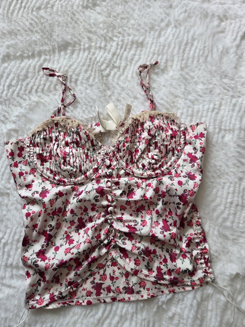 For Love & Lemons White Cami Top with Pink Rose Print